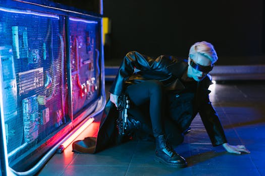 A stylish cyberpunk woman crouching in futuristic neon-lit setting with a gun.