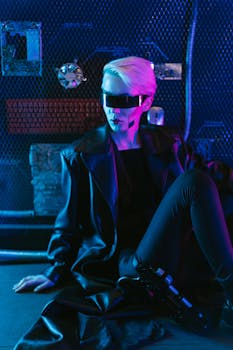 Stylish woman in futuristic attire with neon lighting in a cyberpunk environment.