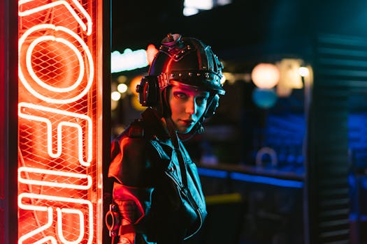 Woman in cyberpunk attire standing by neon sign in an urban setting.