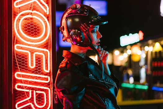 A stylish woman in a helmet poses by a neon sign, evoking a cyberpunk and futuristic aesthetic.