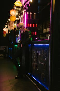 Stylish woman in a neon-lit cyberpunk bar setting, embodying futuristic fashion.