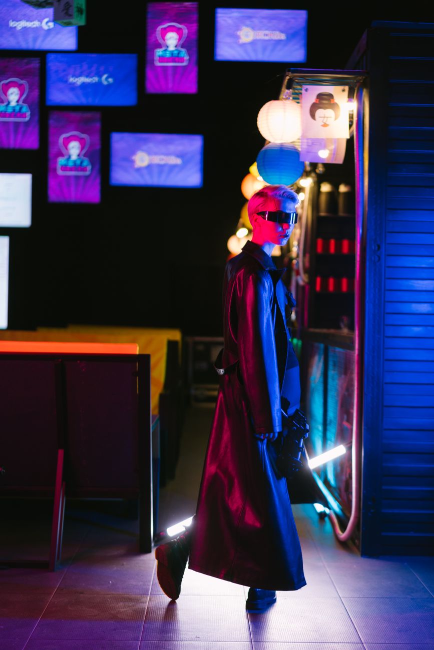 Cyberpunk fashion scene with neon lights and futuristic eyewear.. cyberpunk, fashion, scene