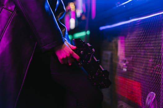 Person holding a futuristic gun with vibrant neon cyberpunk aesthetics.