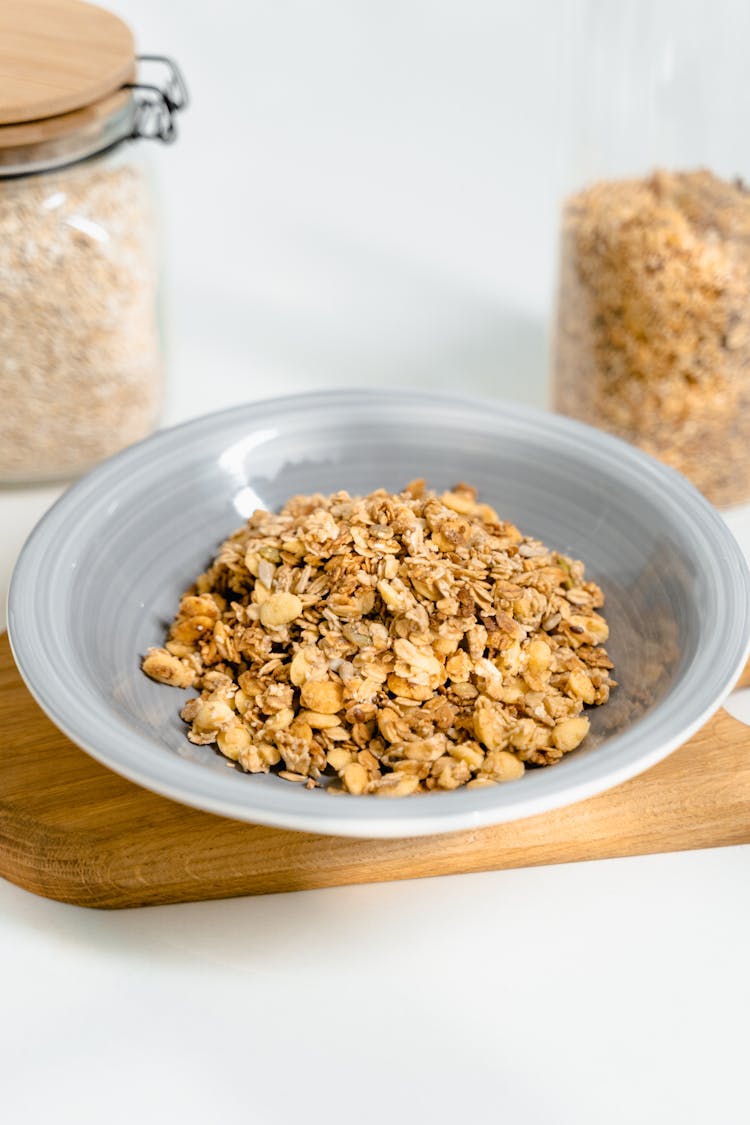 Granola On Gray Ceramic Bowl