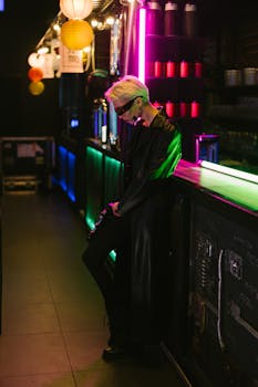 A stylish individual in a cyberpunk setting with neon lights and futuristic fashion.