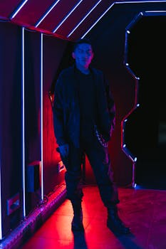 Adult man in futuristic cyberpunk attire illuminated by neon lights in a dark setting.