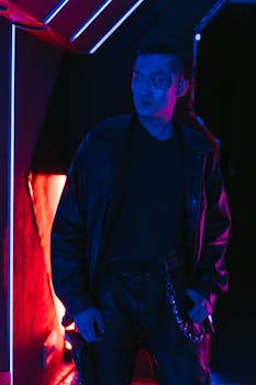 A man in cyberpunk fashion under neon lights, evoking a futuristic vibe.