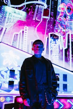 A man stands confidently amidst vibrant neon lights, embodying futuristic cyberpunk style.