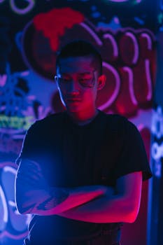 Portrait of a man in neon light, embodying a cyberpunk style.