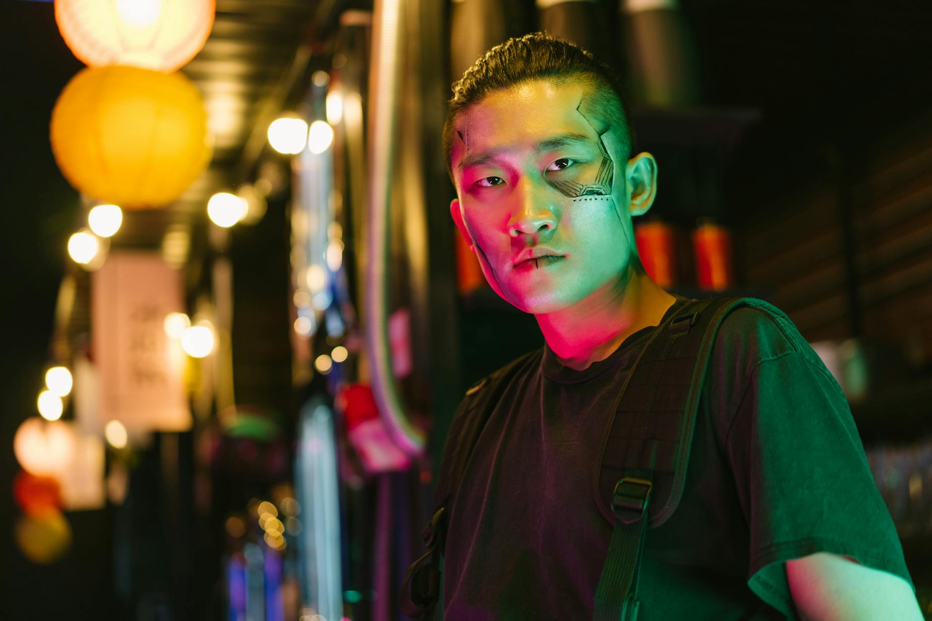 A futuristic portrait of a man in neon lighting, embodying cyberpunk style and fashion.
