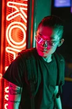 Stylish man in neon-lit setting, showcasing a cyberpunk fashion with vibrant colors and modern eyewear.