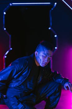A futuristic cyberpunk-themed portrait featuring a man in neon lighting and stylish attire.