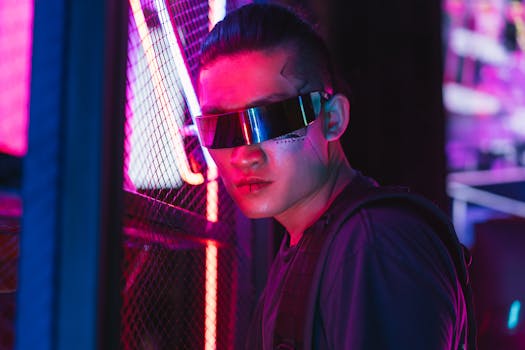 A futuristic man in cyberpunk style with neon lights, showcasing cool fashion and tech.