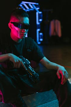 A cyberpunk fashion portrait featuring a futuristic style and neon lighting.