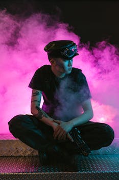 A captivating portrait of a man in cyberpunk attire surrounded by neon smoke.