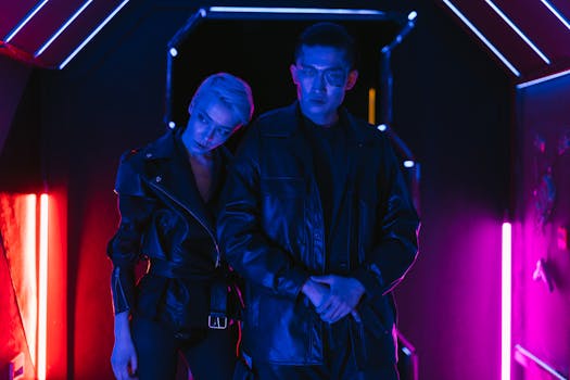Futuristic cyberpunk fashion featuring two models with neon lighting in a sci-fi corridor.
