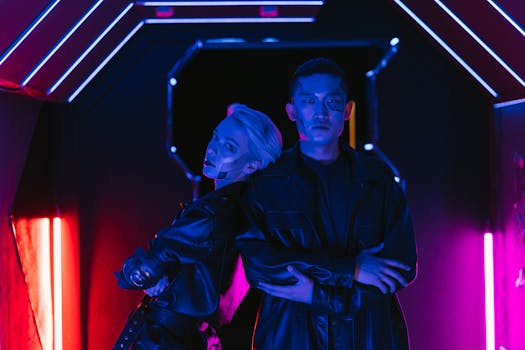 Two stylish individuals in a cyberpunk setting embracing futuristic fashion under neon lights.