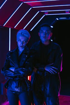 Two models in cyberpunk style with neon lights, capturing a futuristic fashion theme.