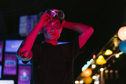 Portrait of an Asian man wearing futuristic goggles in a vibrant, neon-lit cyberpunk setting.