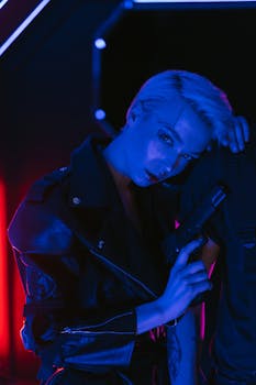 A woman in a leather jacket poses cyberpunk style, holding a gun under neon lights.