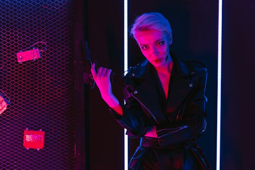 Edgy cyberpunk woman with pistol bathed in neon lights, futuristic style.
