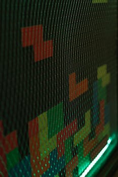 Dynamic Tetris-style design with neon lights and wire mesh for modern interior decor.