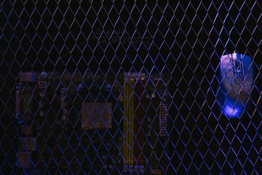 Artistic image featuring a circuit board viewed through a wire mesh, highlighting technology security.