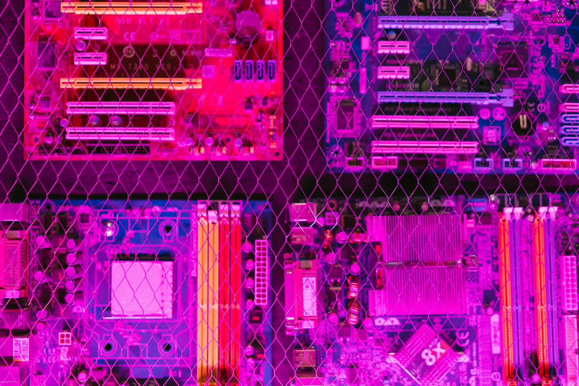 A vibrant image showcasing various circuit boards through a wire mesh, highlighting electronics and technology.