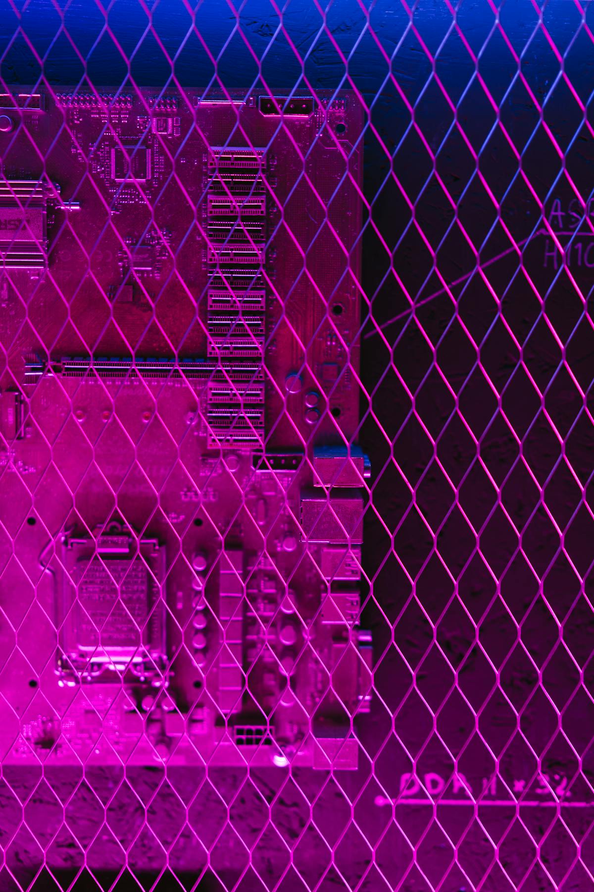 Circuit board neon purple mesh technology detail