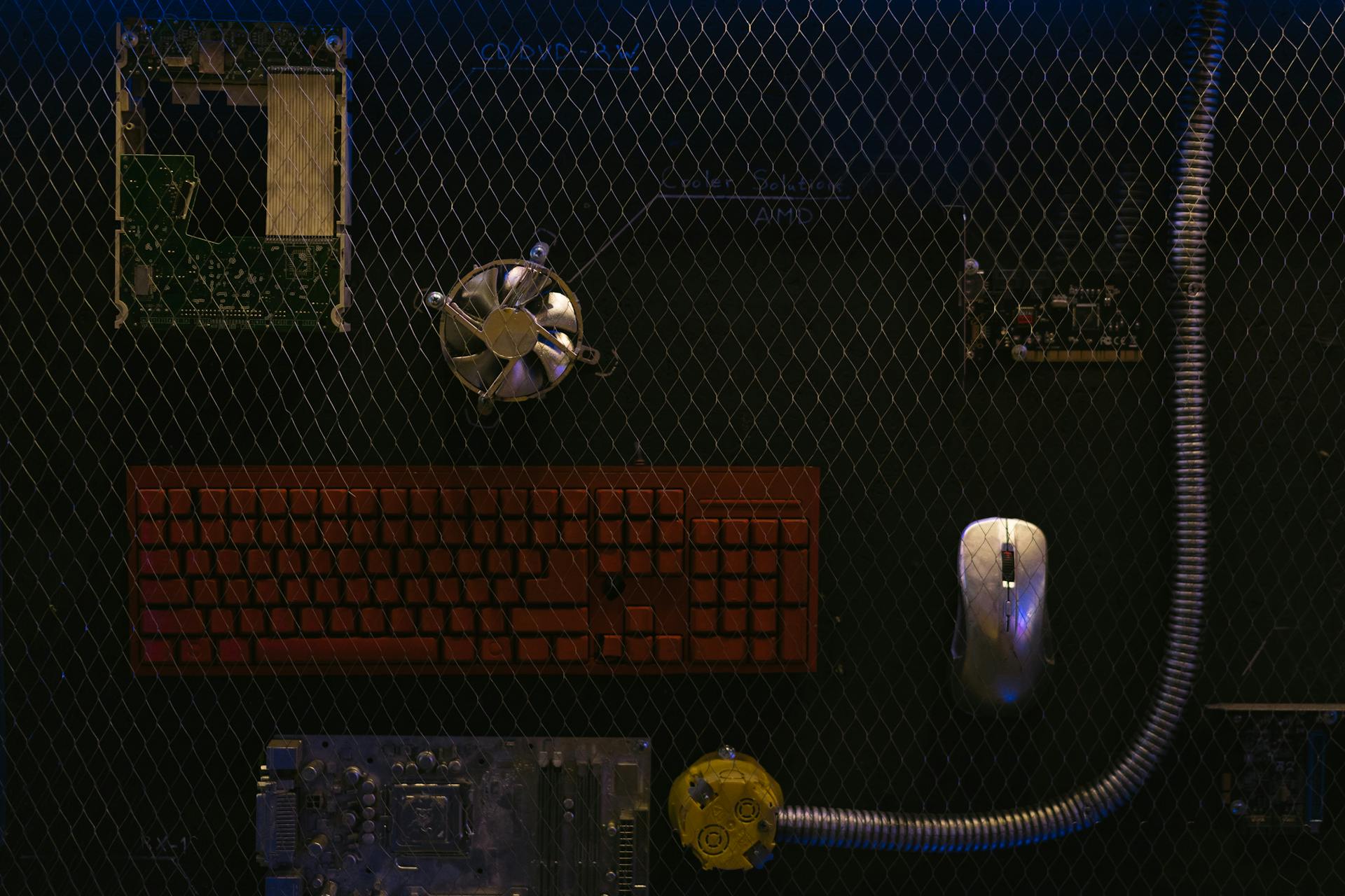 Top view of computer hardware components displayed against a wire mesh background.