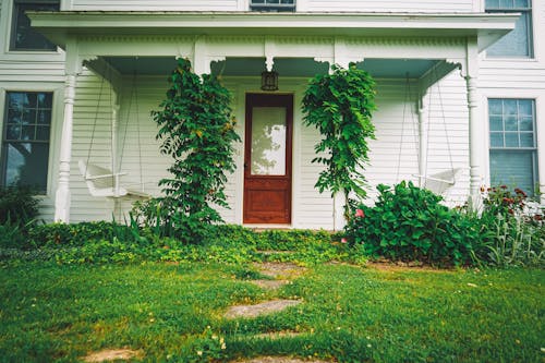 White House with Wooden Door and Plants on Frontage