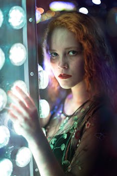 一幅以发光灯光为背景的红发女子肖像引人注目，展现了现代时尚与优雅