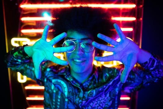 Exciting portrait of a young adult with glasses, vibrant neon nightlife vibes.