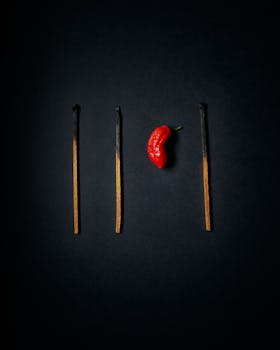 Artistic image of a red chili with burnt matchsticks on a dark background.