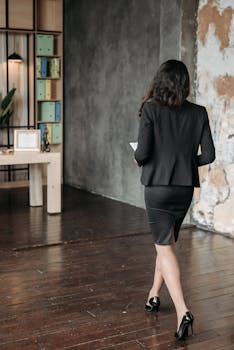 A businesswoman in a black suit walks in a modern office with exposed walls and wooden floors.