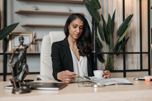 Businesswoman in office reading papers, surrounded by plants and decor, exuding a professional atmosphere.