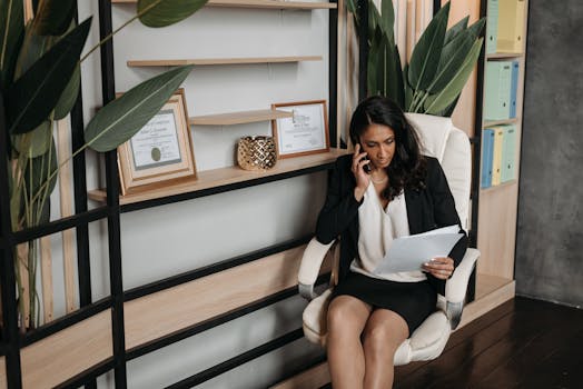 A professional woman in business attire reviews documents while on a phone call in a modern office.