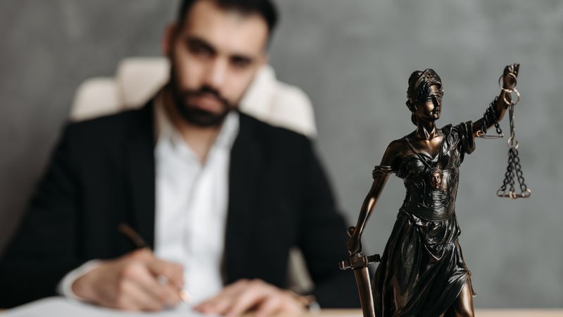 A lawyer in a suit writes at a desk with a Lady Justice statue in the foreground.