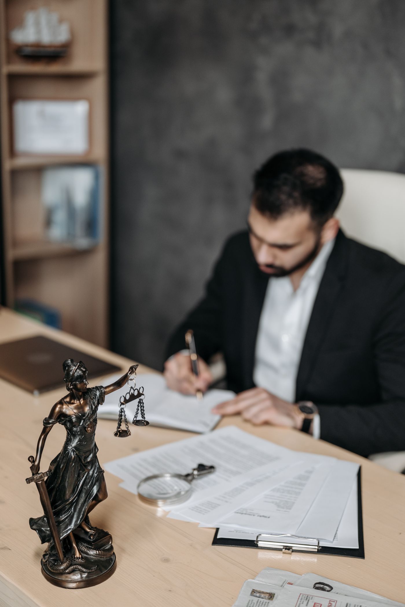 Un professionnel du droit étudie des documents à son bureau