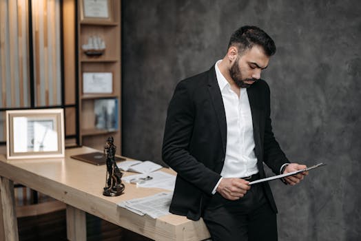 A male lawyer in a black suit focusing on paperwork in an office setting.