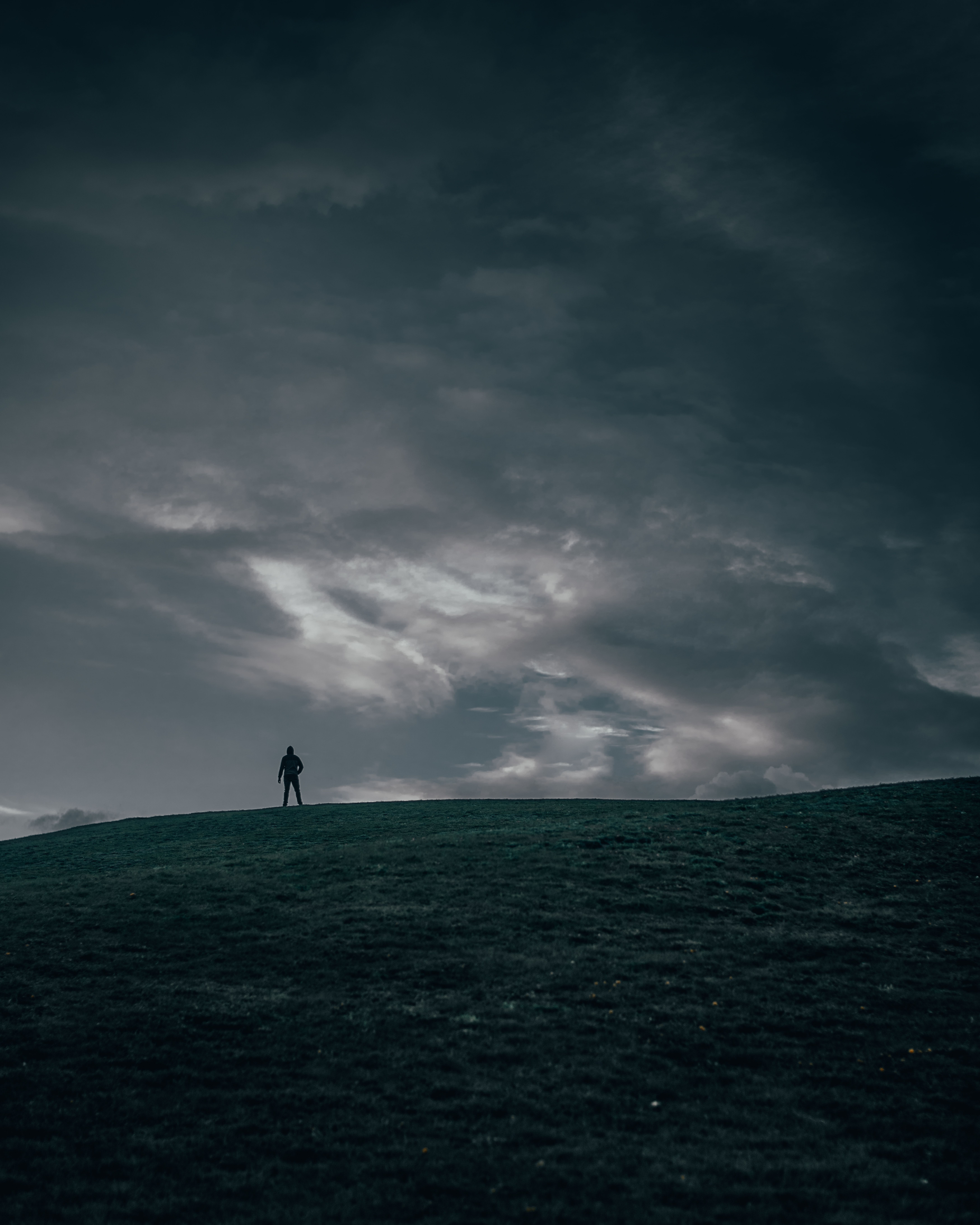Silhouette of Person Standing on Green Grass Field Under Cloudy Sky ...
