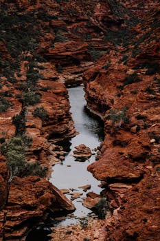A breathtaking aerial shot of a stream winding through a red rock canyon, showcasing natural geological formations.