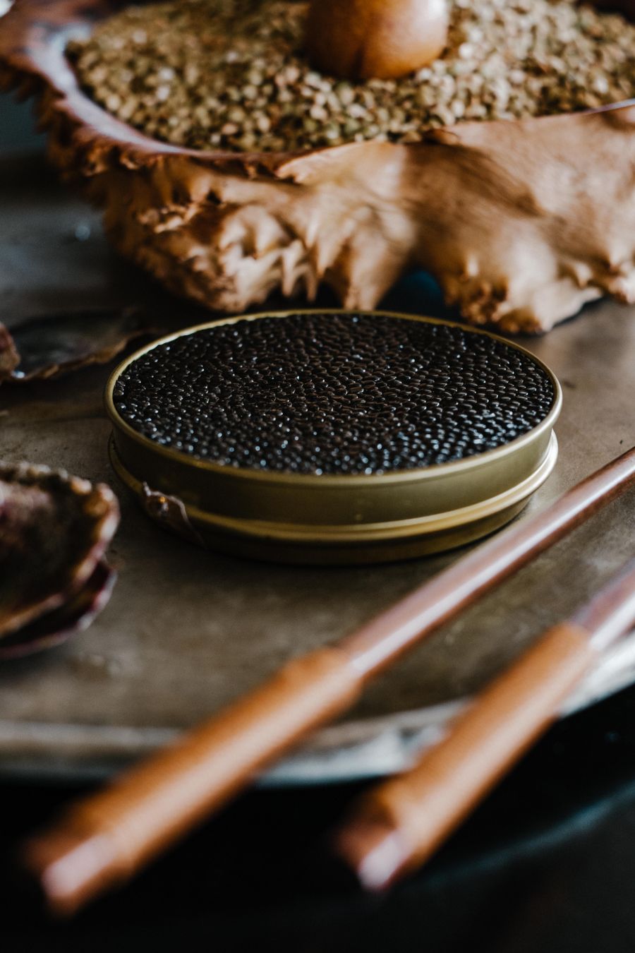 Elegant close-up of caviar served on a dark table