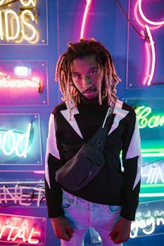 Person standing confidently amid vibrant neon lights, showcasing modern street style.