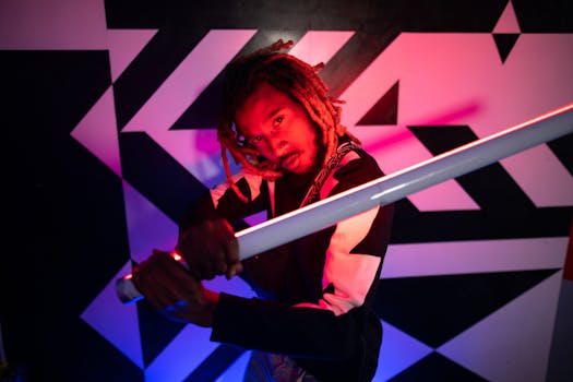 Dynamic portrait of a man posing with neon lights against geometric background.