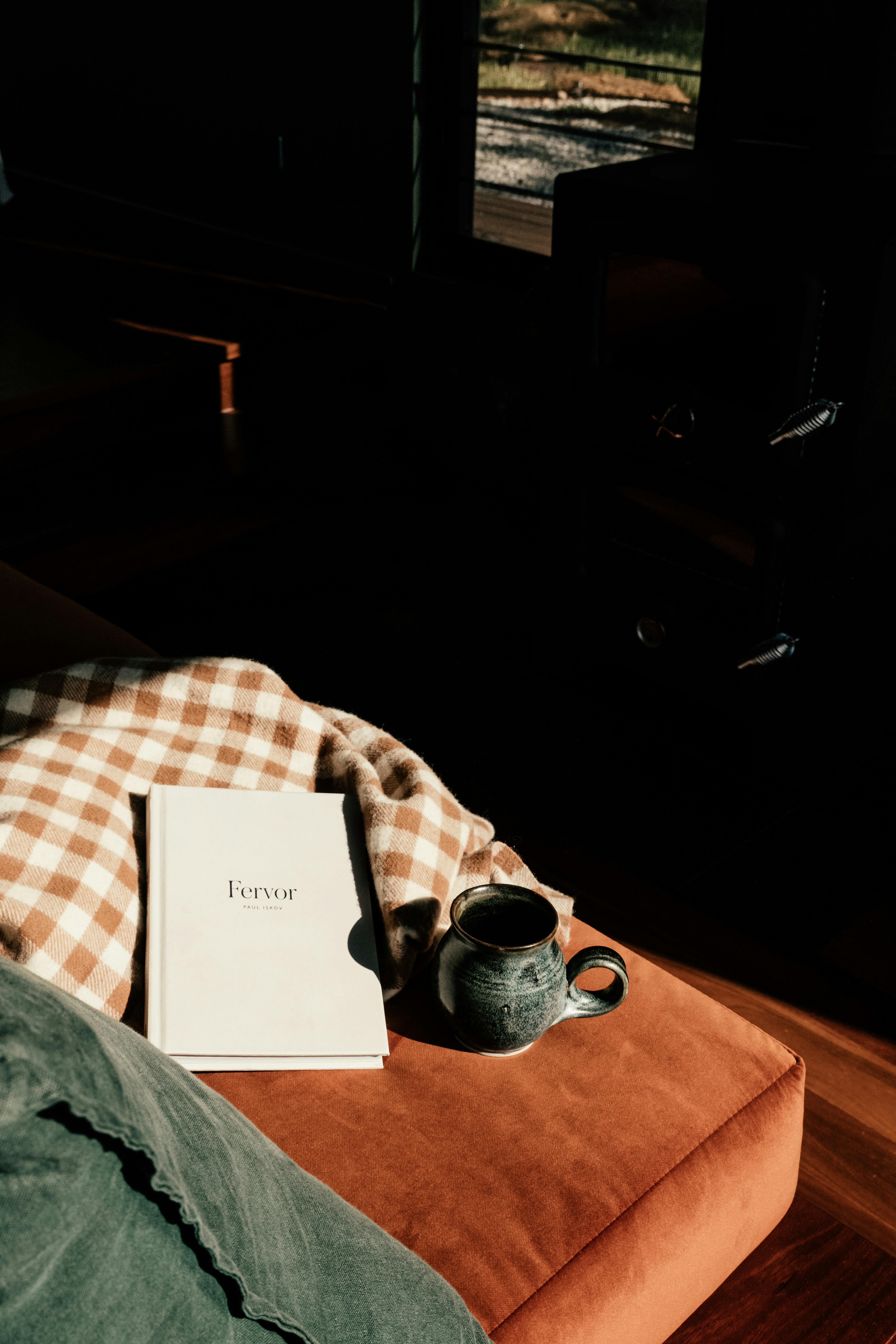 a book and and mug on a couch