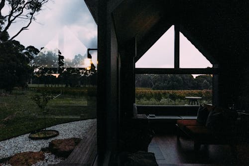 View from a Modern Cabin with Big Windows in a Rural Area 