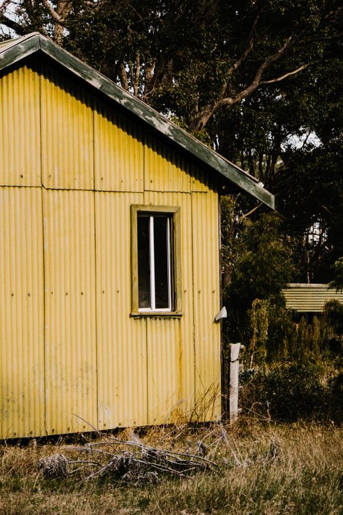 Free A rustic yellow cabin set amidst a lush forest, capturing rural charm and simplicity. Stock Photo