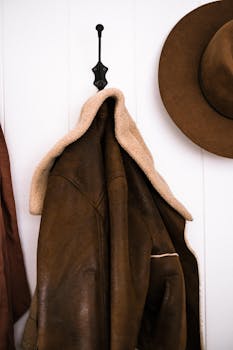 Close-up of a brown leather jacket and hat hanging on a wall hook indoors.