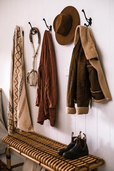 Warm rustic entryway with hanging coats, hat, and boots on a bench, perfect for autumn decor.
